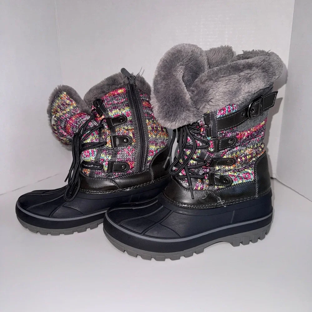 Dream Pairs Youth Girls Multicolor Knit Upper Waterproof Snow Boots - Size 4